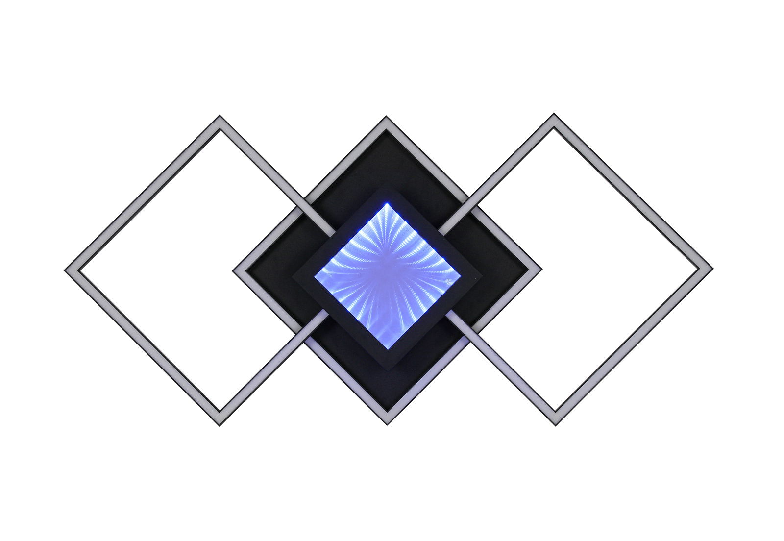 Moderne LED-Deckenleuchte mit geometrischem Design, quadratische Formen und blauer Lichteffekt, Ansicht von vorne.
