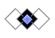 Moderne led-plafondlamp met een geometrisch ontwerp, vierkante vormen en een blauw lichteffect, gezien van voren.