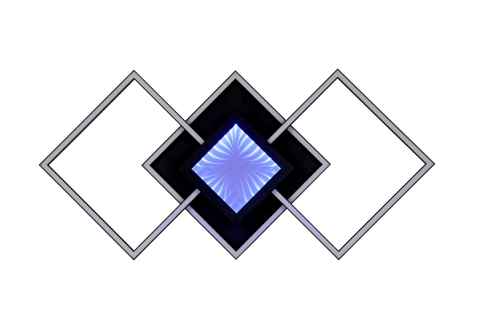 Moderne led-plafondlamp met een geometrisch ontwerp, vierkante vormen en een blauw lichteffect, gezien van voren.