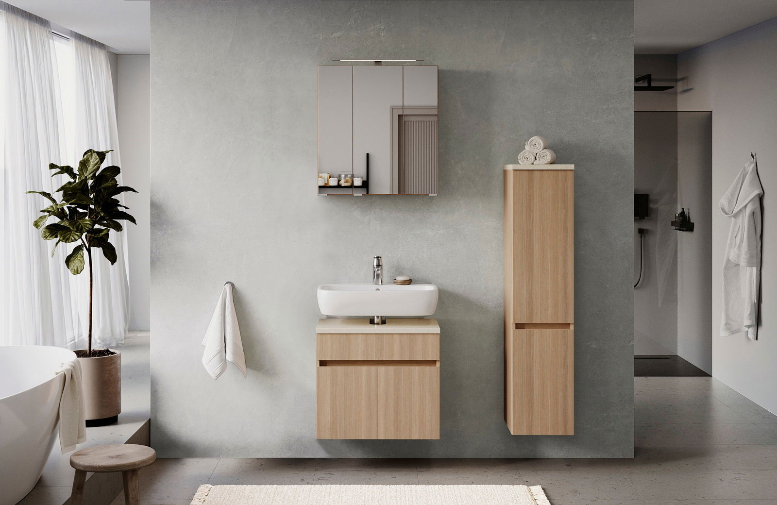 Moderner Spiegelschrank in einem stilvollen Badezimmer, frontal betrachtet.