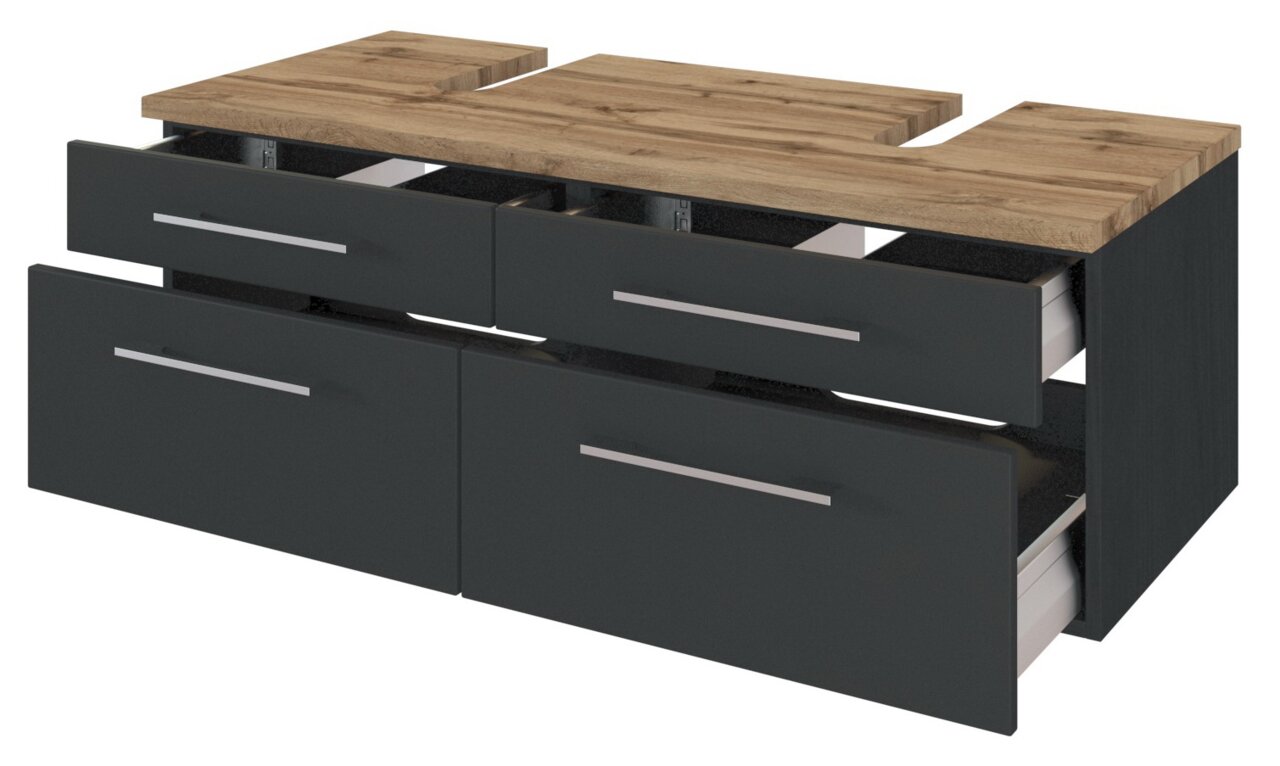 XORA Waschbeckenunterschrank DAVOS Moderner Waschbeckenunterschrank mit vier offenen Schubladen, dunkler Front und Holzoberfläche, perspektivisch von vorne rechts betrachtet.