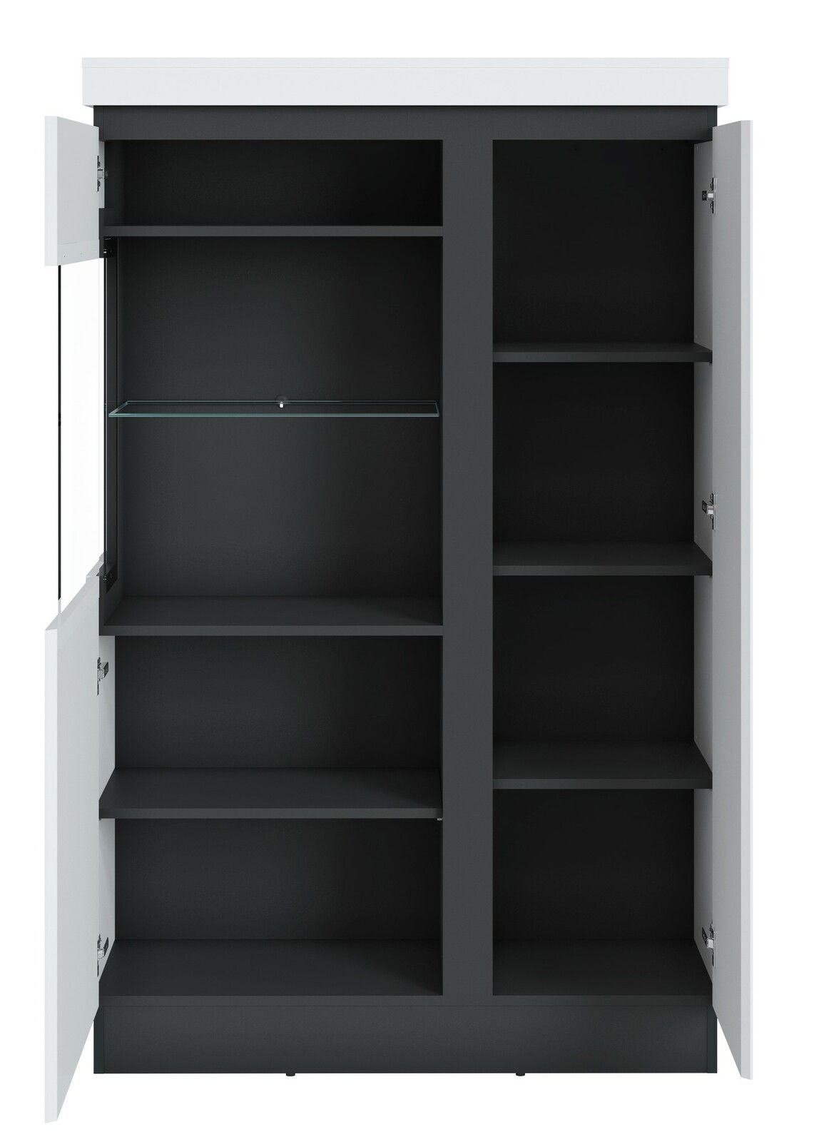 Frontansicht einer offenen Highboardvitrine mit mehreren Regalböden und Glaseinsatz.