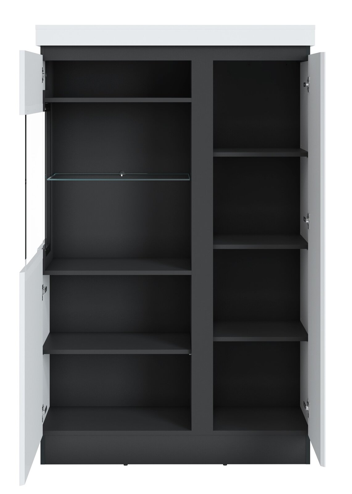 Frontansicht einer offenen Highboardvitrine mit mehreren Regalböden und Glaseinsatz.