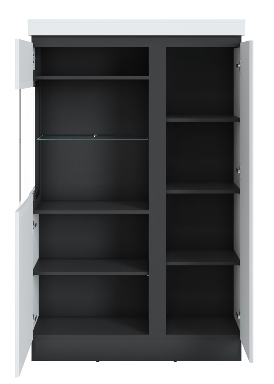 Vooraanzicht van een open hoge vitrinekast met meerdere planken en een glazen inzetstuk.