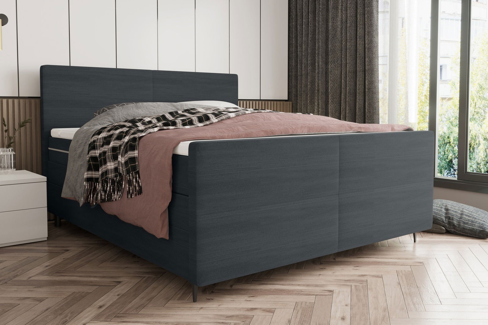 Boxspringbett in modernem Schlafzimmer, seitliche Perspektive