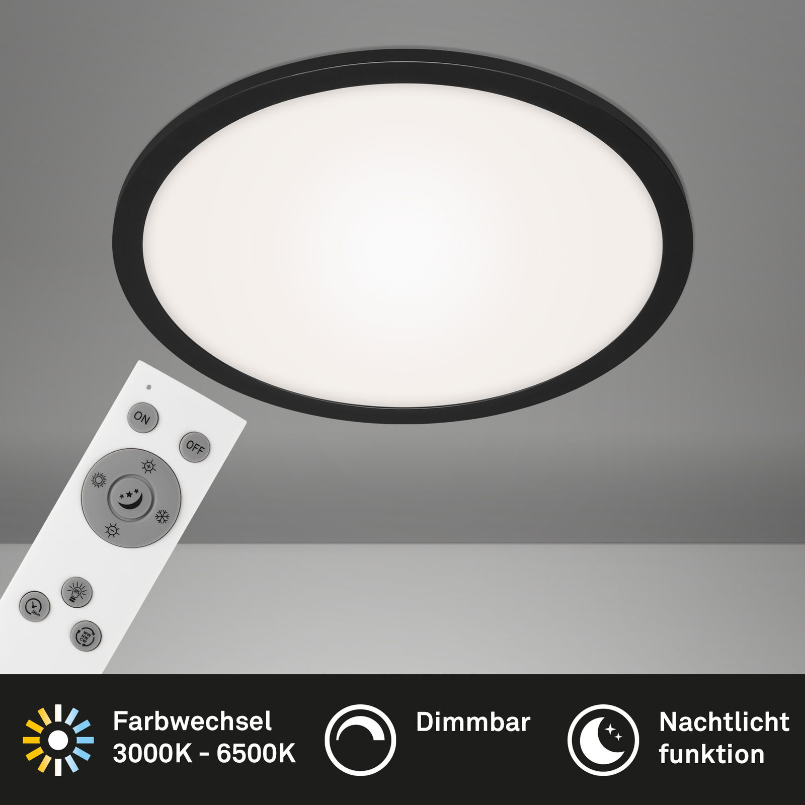 LED-Deckenleuchte mit schwarzem Rahmen und Fernbedienung, von unten betrachtet. Funktionen: Farbwechsel 3000K - 6500K, dimmbar, Nachtlichtfunktion.