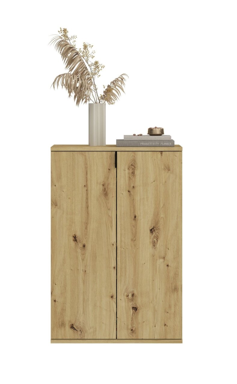 Schuhkommode aus Holz mit natürlicher Maserung, dekoriert mit einer Vase und Büchern, Frontalansicht