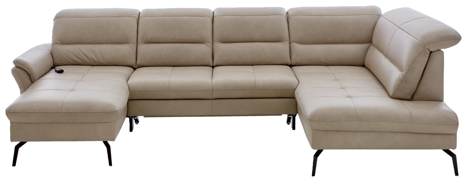 Beige gestoffeerde hoekbank in L-vorm, vooraanzicht