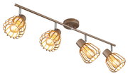 4-flammige Decken-Spotleiste in Bronze/Gold mit Drahtkäfig-Schirmen und warm leuchtenden Glühbirnen, schräg von unten in Perspektive auf weißem Hintergrund