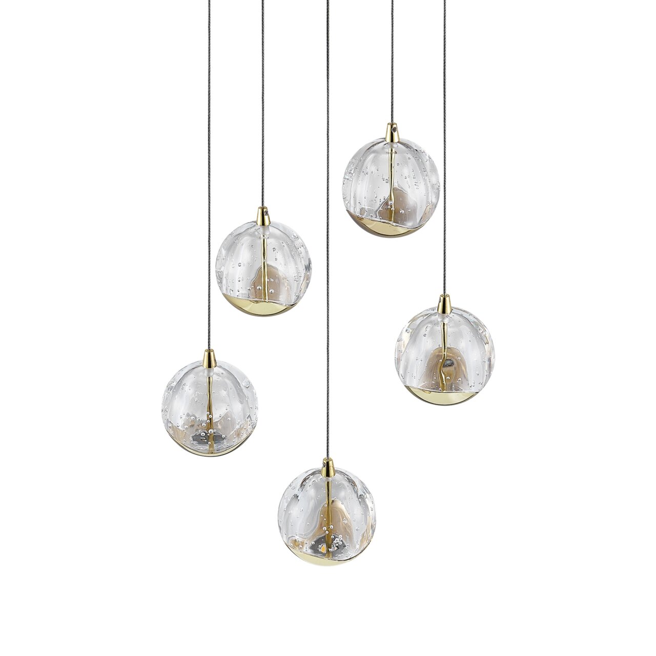 Moderne LED-Hängeleuchte mit fünf kugelförmigen, klaren Glaslampenschirmen und goldenen Akzenten, von unten betrachtet.