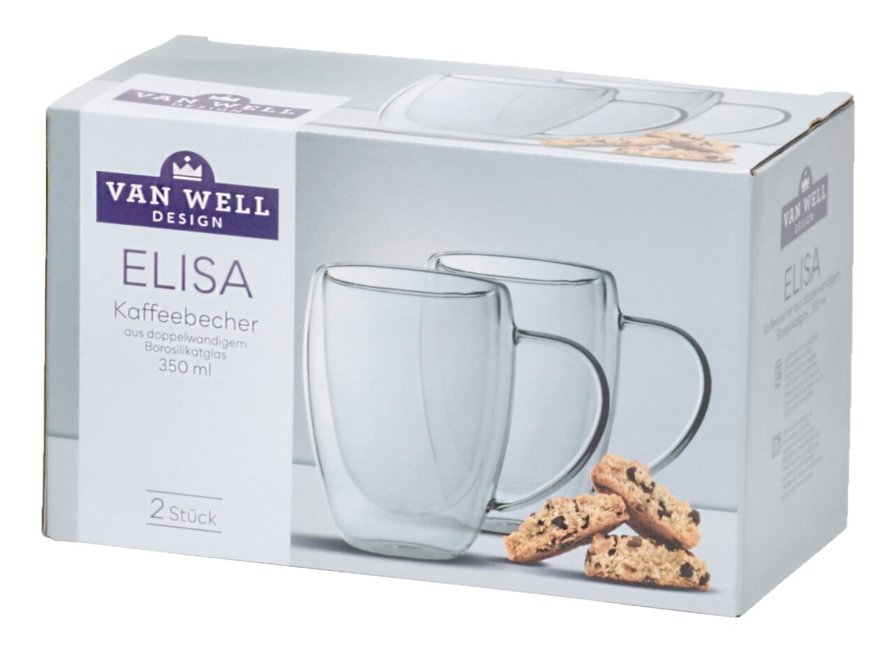 Verpackung mit zwei doppelwandigen Kaffeebechern aus Borosilikatglas, 350 ml, von Van Well Design, mit Keksen im Vordergrund, seitliche Perspektive