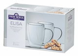 Verpackung mit zwei doppelwandigen Kaffeebechern aus Borosilikatglas, 350 ml, von Van Well Design, mit Keksen im Vordergrund, seitliche Perspektive