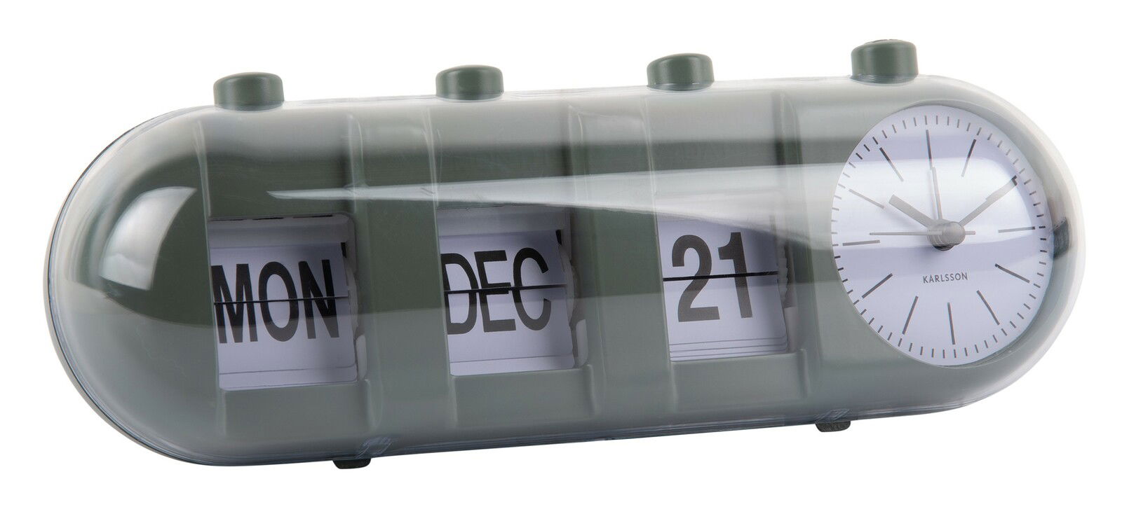 Tischuhr mit Kalenderfunktion, zeigt Montag, Dezember 21, und eine analoge Uhrzeit, seitliche Perspektive