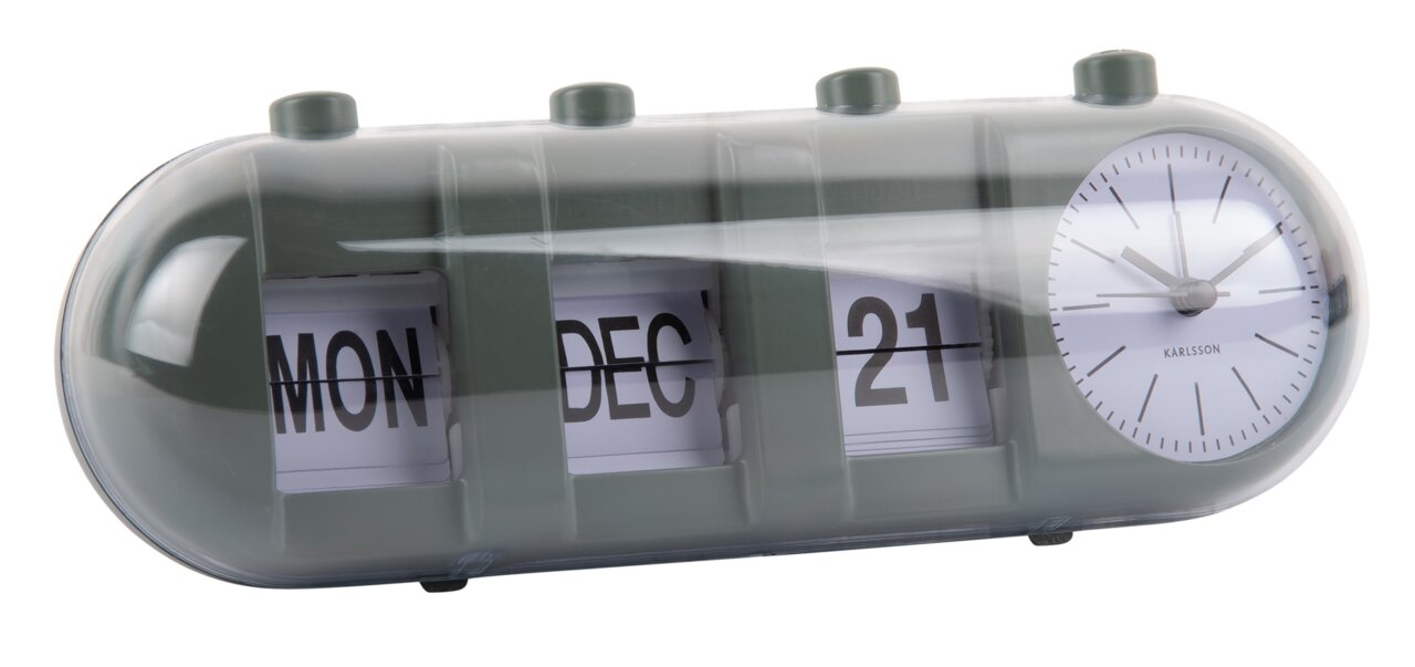 Tischuhr mit Kalenderfunktion, zeigt Montag, Dezember 21, und eine analoge Uhrzeit, seitliche Perspektive
