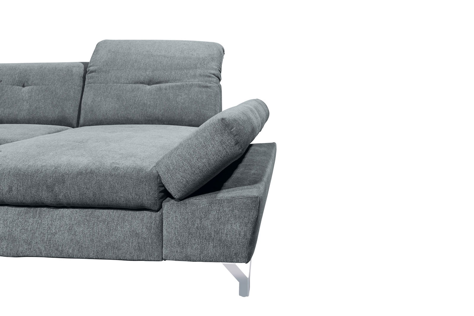 Graues Sofa mit verstellbarer Rückenlehne, seitliche Perspektive