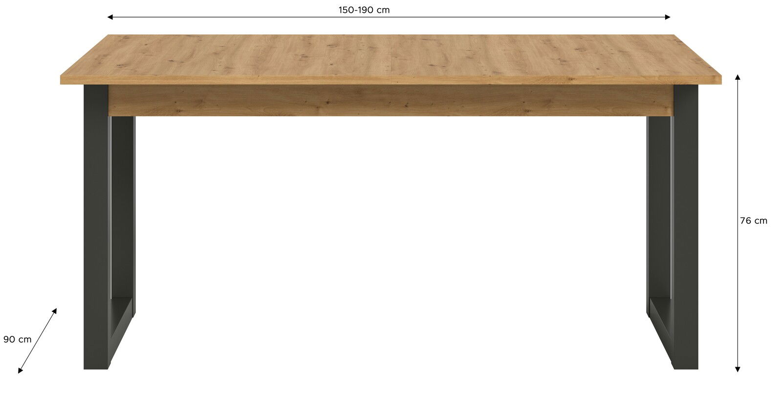 Moderner Esstisch aus Holz mit schwarzen Metallbeinen, Frontansicht, Maße 150-190 cm Länge, 90 cm Breite, 76 cm Höhe.