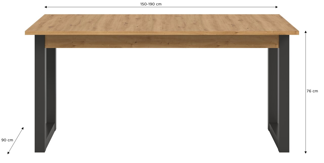 Moderner Esstisch aus Holz mit schwarzen Metallbeinen, Frontansicht, Maße 150-190 cm Länge, 90 cm Breite, 76 cm Höhe.