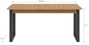 Moderner Esstisch aus Holz mit schwarzen Metallbeinen, Frontansicht, Maße 150-190 cm Länge, 90 cm Breite, 76 cm Höhe.