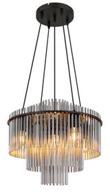 Moderne Hängeleuchte GORLEY mit metallischen Stäben und warmem Licht, seitliche Perspektive