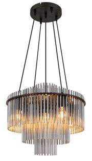 Moderne Hängeleuchte GORLEY mit metallischen Stäben und warmem Licht, seitliche Perspektive