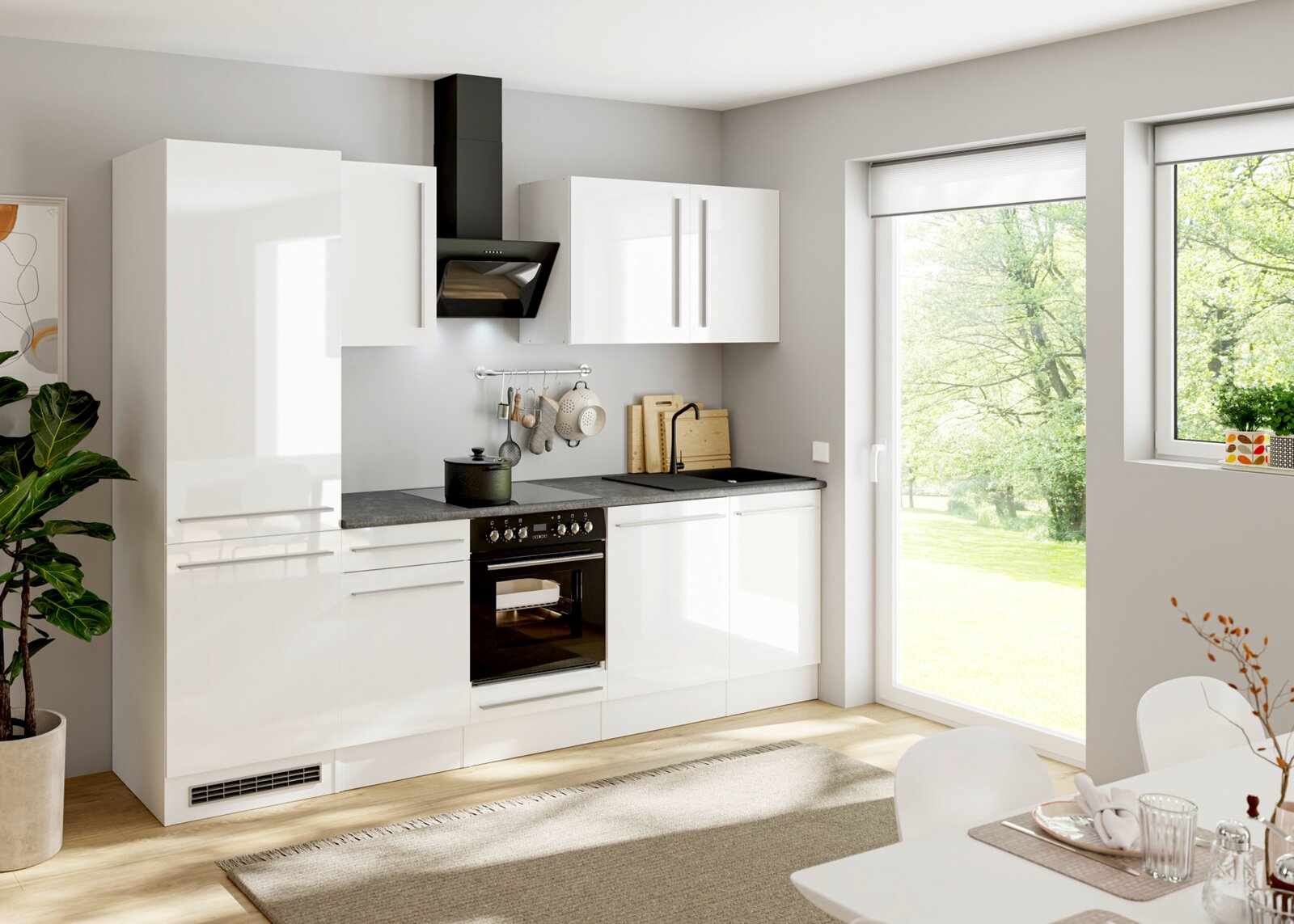 Yourkitchen Küchenblock 280 PREMIUM JAZZ Moderne einzeilige Küchenzeile mit weißen Hochglanzfronten, dunkler Arbeitsplatte, integriertem Backofen, schwarzer Dunstabzugshaube und Spüle, aufgenommen in leichter Schrägansicht von vorn links.
