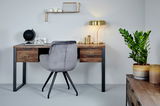 Moderner Schreibtisch aus Holz mit Metallbeinen, dekoriert mit einer Lampe, einem Globus und Pflanzen, aus der Frontalperspektive.
