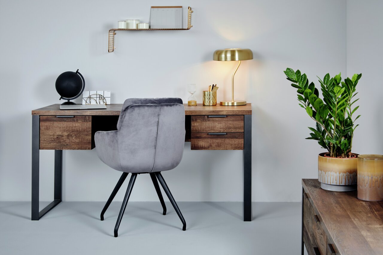 Moderner Schreibtisch aus Holz mit Metallbeinen, dekoriert mit einer Lampe, einem Globus und Pflanzen, aus der Frontalperspektive.