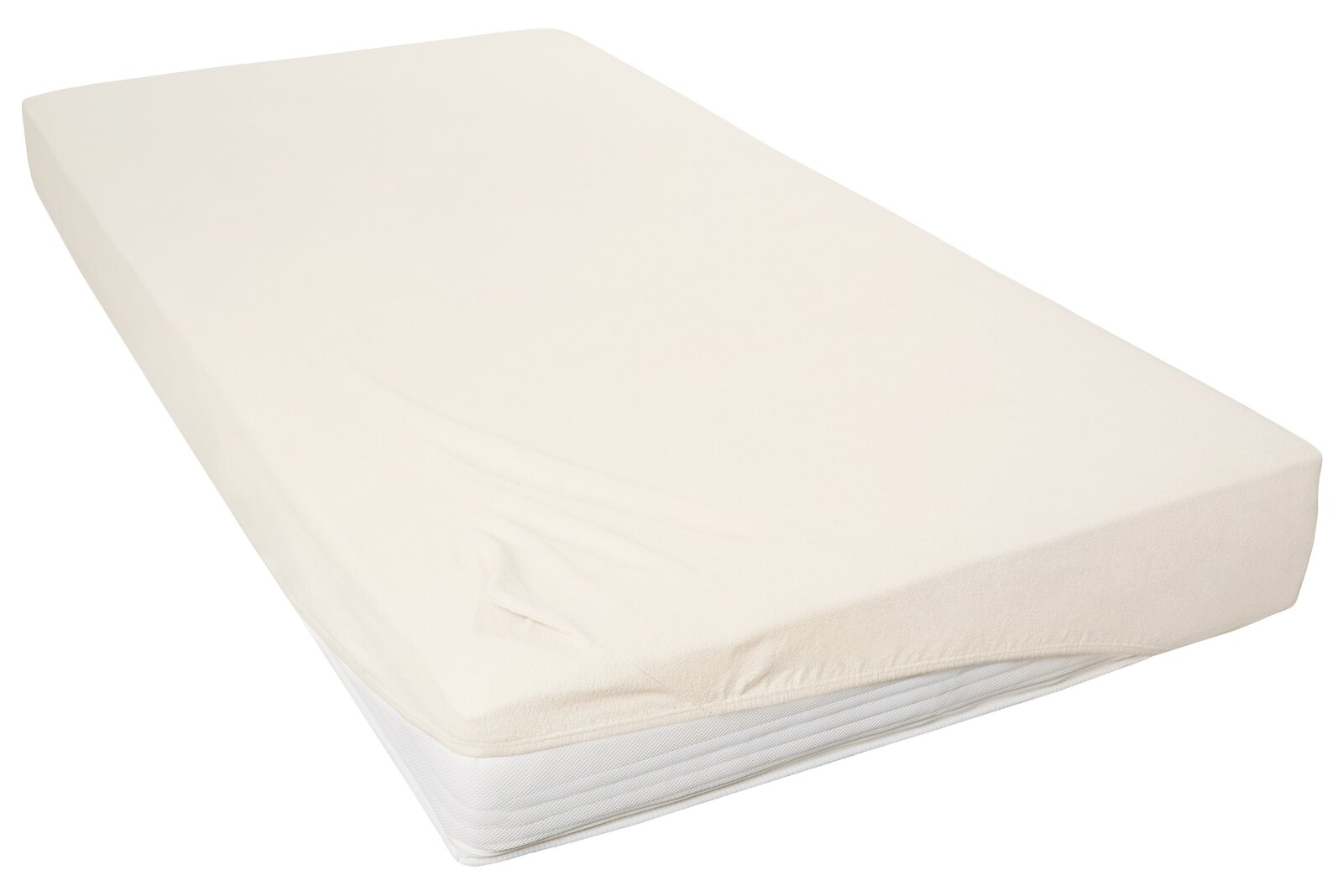 Novel Spannbetttuch TEDDY-FLAUSCH Beiges Spannbetttuch auf einer Matratze, seitliche Perspektive