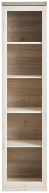 Frontale Ansicht eines schmalen Aktenregals mit fünf offenen Fächern in Holzoptik.