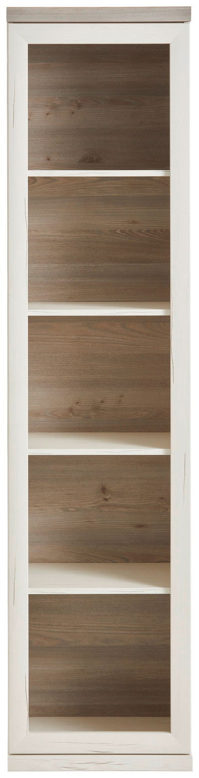 Frontale Ansicht eines schmalen Aktenregals mit fünf offenen Fächern in Holzoptik.