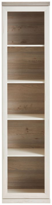 Frontale Ansicht eines schmalen Aktenregals mit fünf offenen Fächern in Holzoptik.