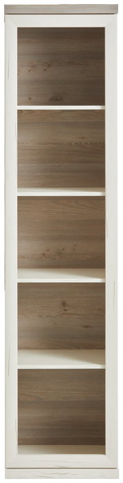 Frontale Ansicht eines schmalen Aktenregals mit fünf offenen Fächern in Holzoptik.