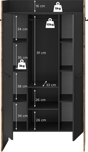 Offener schwarzer Kleiderschrank mit Holzseiten, Innenansicht von vorn, mit Kleiderstange und mehreren Fächern; Maßangaben (u. a. 16 cm, 34 cm, 35 cm, 38 cm, 91 cm, 33 cm, 26 cm) sowie Belastbarkeit 3 kg/5 kg/10 kg eingezeichnet.