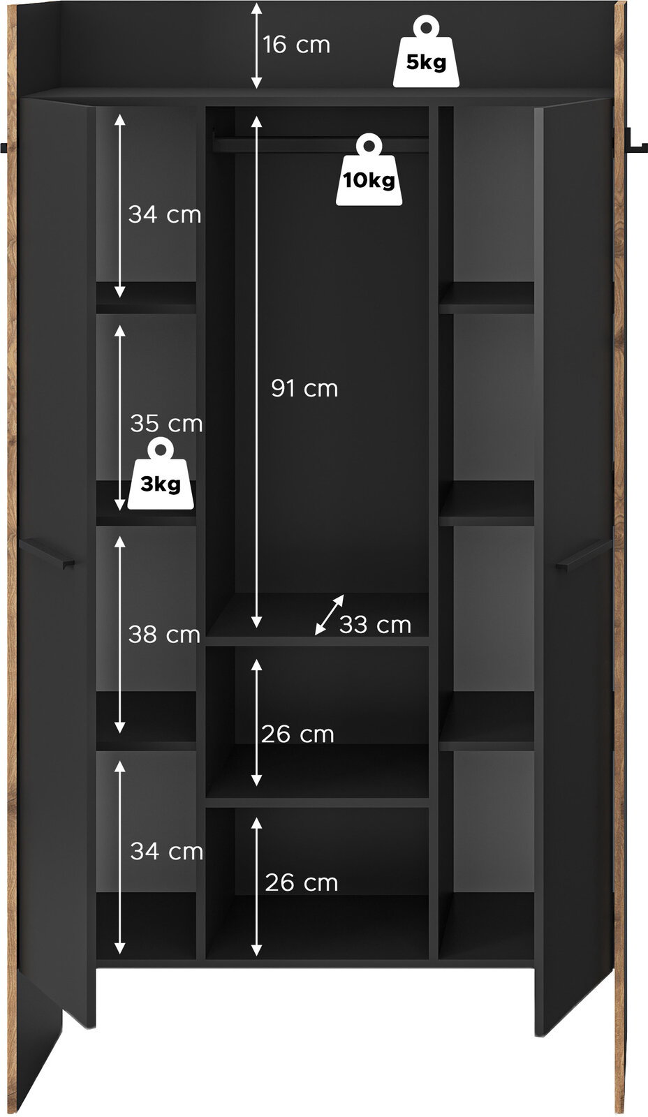 Offener schwarzer Kleiderschrank mit Holzseiten, Innenansicht von vorn, mit Kleiderstange und mehreren Fächern; Maßangaben (u. a. 16 cm, 34 cm, 35 cm, 38 cm, 91 cm, 33 cm, 26 cm) sowie Belastbarkeit 3 kg/5 kg/10 kg eingezeichnet.
