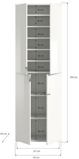Weiße Garderobenkombination mit mehreren Fächern, Türen geöffnet, Frontansicht.