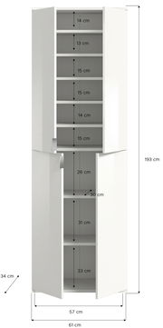 Weiße Garderobenkombination mit mehreren Fächern, Türen geöffnet, Frontansicht.