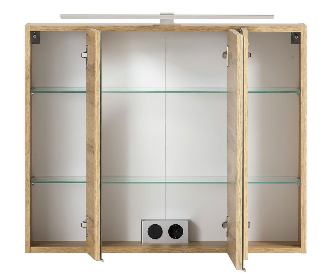 Spiegelschrank 80 cm mit drei offenen Türen, Glasregalen und integrierter Steckdose, Frontalansicht