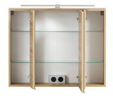 Spiegelschrank 80 cm mit drei offenen Türen, Glasregalen und integrierter Steckdose, Frontalansicht