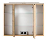 Spiegelschrank 80 cm mit drei offenen Türen, Glasregalen und integrierter Steckdose, Frontalansicht
