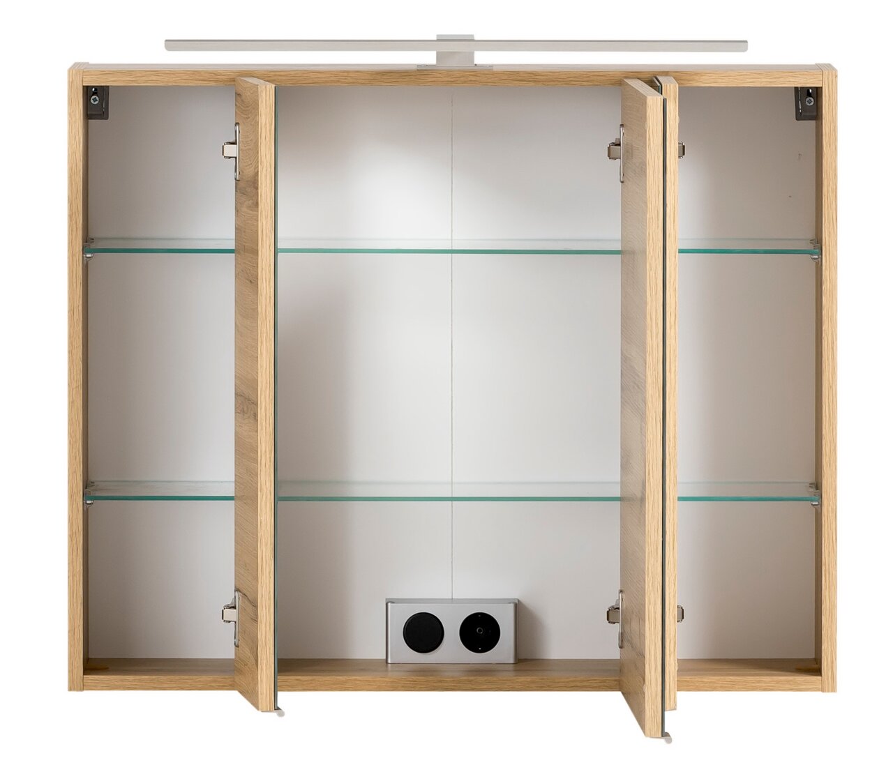 Spiegelschrank 80 cm mit drei offenen Türen, Glasregalen und integrierter Steckdose, Frontalansicht