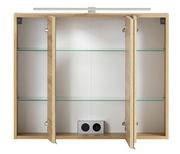 Spiegelschrank 80 cm mit drei offenen Türen, Glasregalen und integrierter Steckdose, Frontalansicht