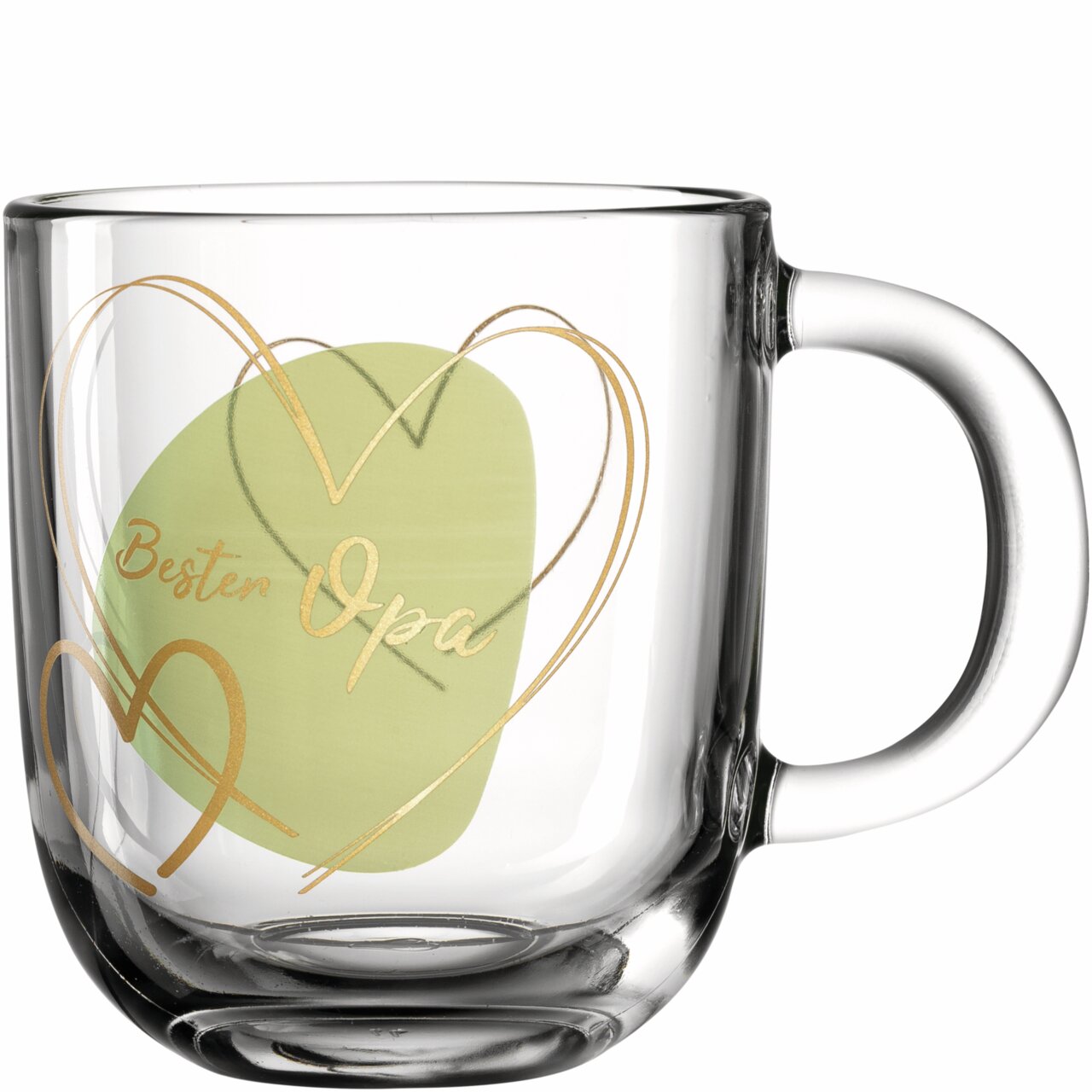 Glas-Tasse mit der Aufschrift 'Bester Opa' und goldenen Herzmotiven, seitliche Perspektive