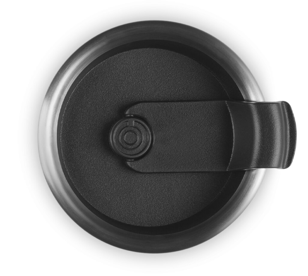 Ansicht von oben auf den Deckel eines Thermobechers, schwarz mit Klappverschluss.