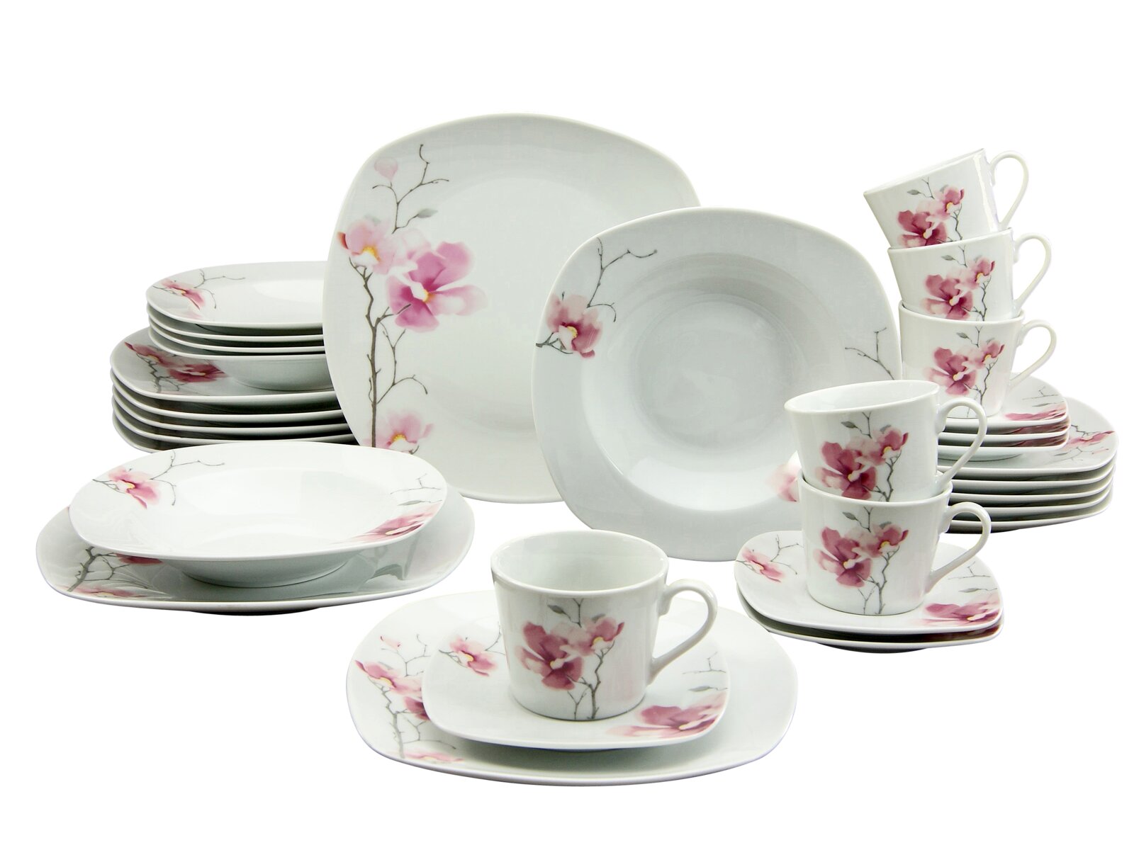Weißes Porzellan-Geschirrset mit rosa Blütenmotiv, bestehend aus Tellern, Schalen, Tassen und Untertassen, in frontaler leicht schräger Perspektive auf weißem Hintergrund.