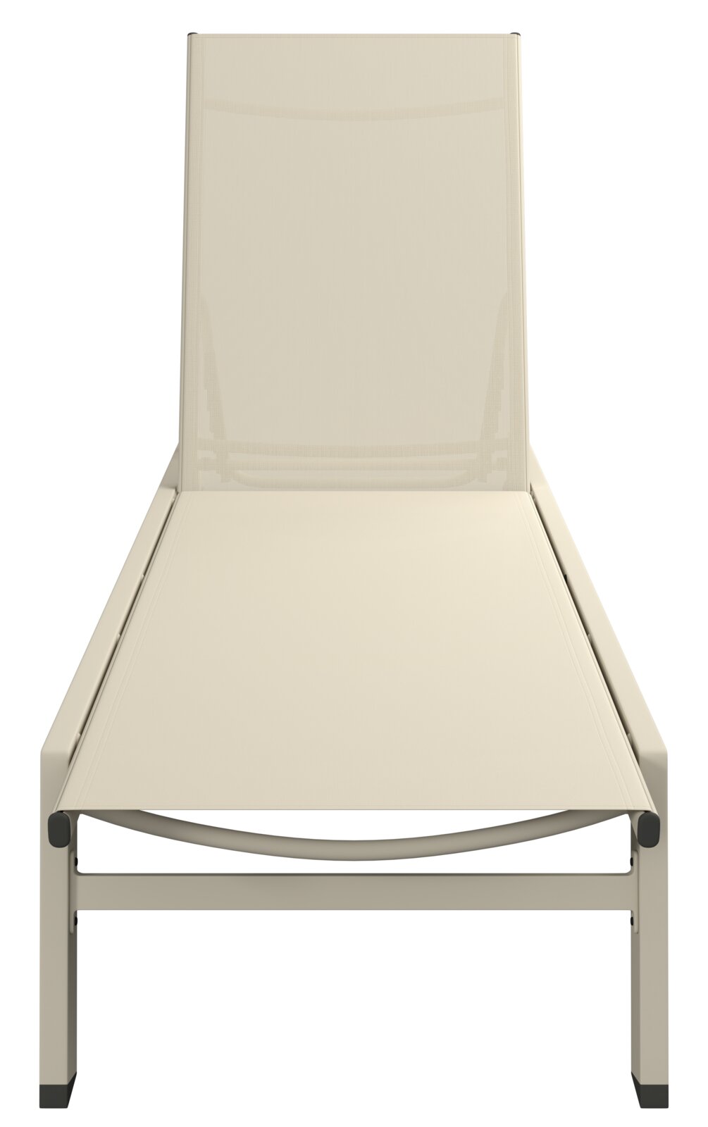 Frontansicht einer beigen Sonnenliege mit schlichtem Design und robustem Rahmen.