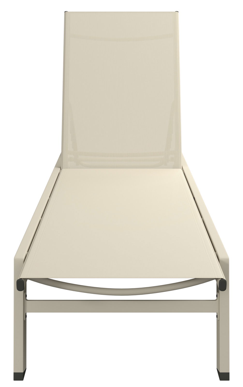 Frontansicht einer beigen Sonnenliege mit schlichtem Design und robustem Rahmen.