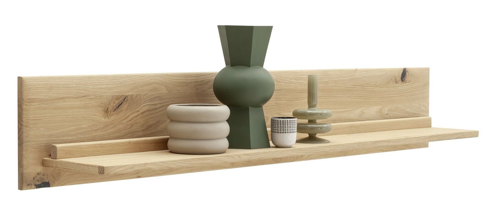 Wandboard aus hellem Holz mit dekorativen Vasen und Kerzenhaltern, seitliche Perspektive