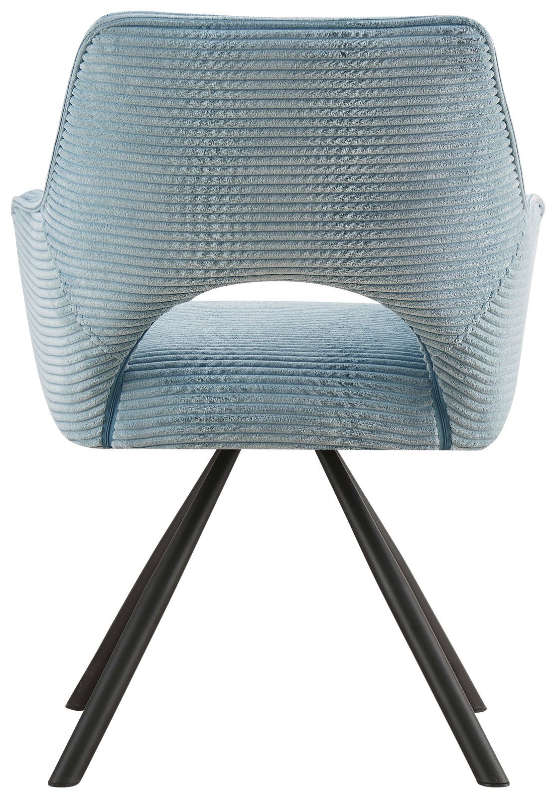 Rückansicht eines blauen Armlehnstuhls mit geripptem Stoffbezug und schwarzen Metallbeinen.