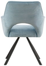 Rückansicht eines blauen Armlehnstuhls mit geripptem Stoffbezug und schwarzen Metallbeinen.