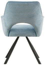 Rückansicht eines blauen Armlehnstuhls mit geripptem Stoffbezug und schwarzen Metallbeinen.